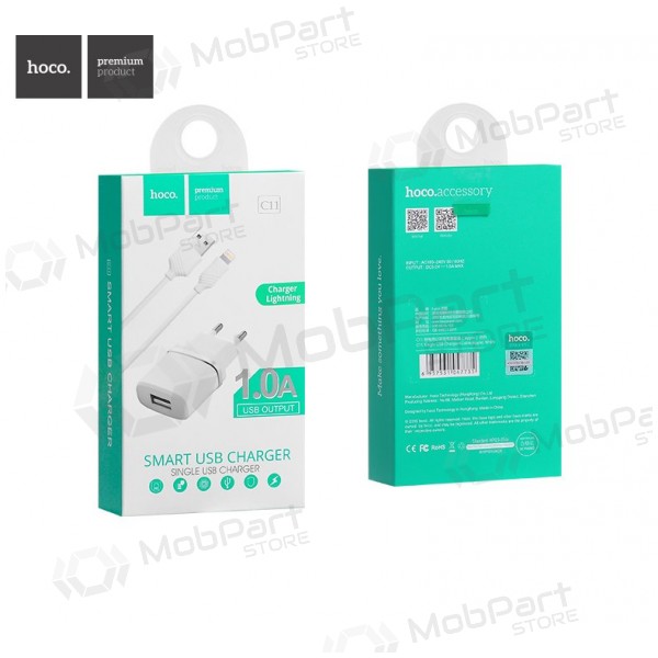 Lādētājs HOCO C11 Smart USB + lightning (5V 1A) (balts)