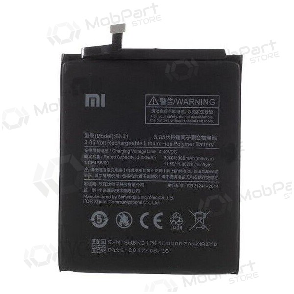 Akumuliatorius oriģināls Xiaomi Redmi Mi A1/Mi 5x/Note 5A 3000mAh BN31 (service pack)