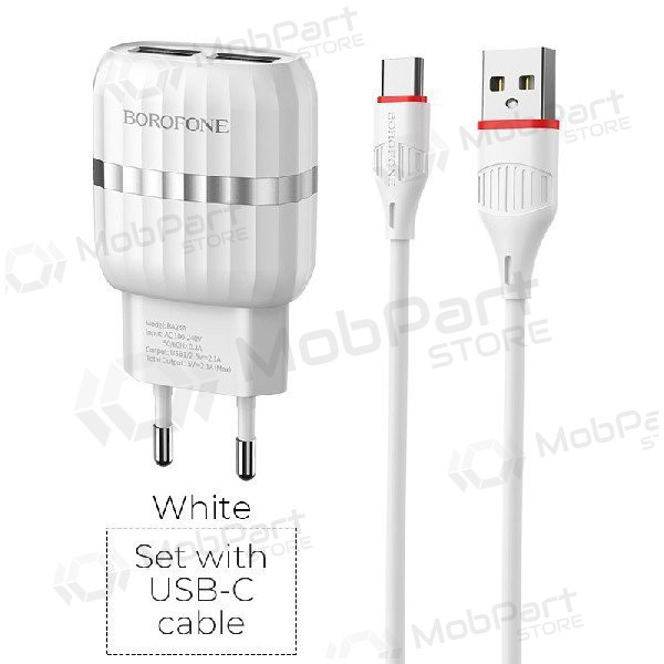 Lādētājs BOROFONE BA24A Vigour Dual USB + Type-C kabelis (5V 2.4A) (balts)