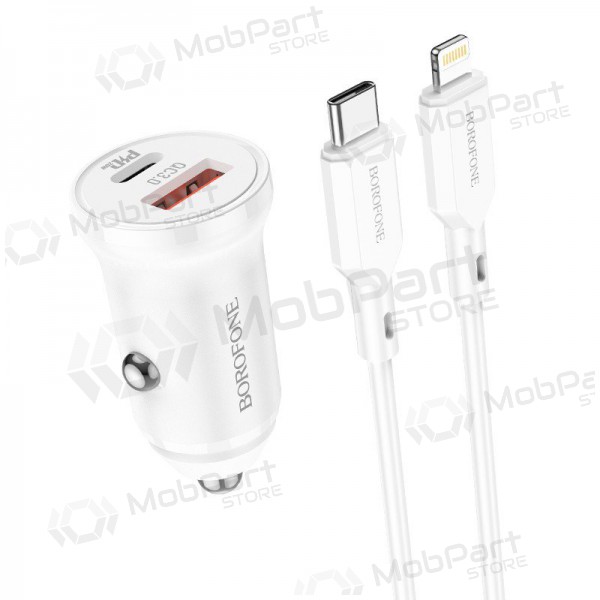 Lādētājs automobilinis Borofone BZ18A USB-A/Type-C PD20W+QC3.0 + Lightning (balts)