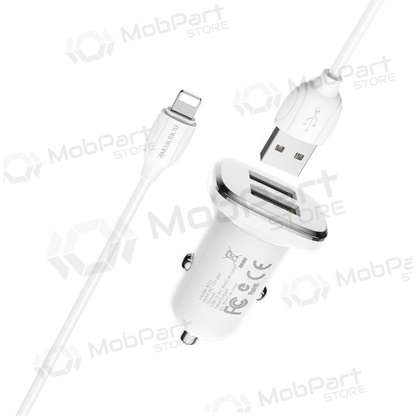 Lādētājs automobilinis Borofone BZ12 USB + Lightning (2.4A) (balts)