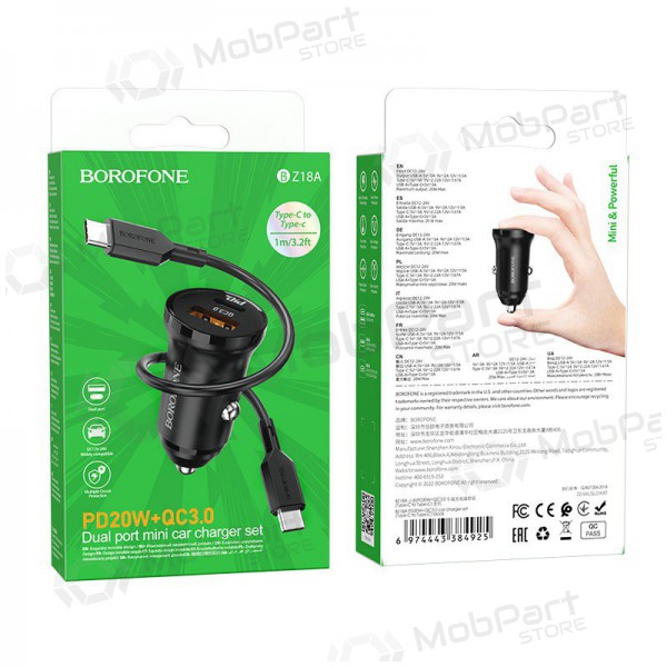 Lādētājs automobilinis Borofone BZ18A USB-A/Type-C PD20W+QC3.0 + Type-C (melns)