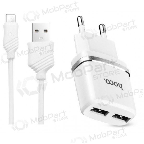 Lādētājs HOCO C12 Smart Dual USB + microUSB kabelis (2.4A) (balts)