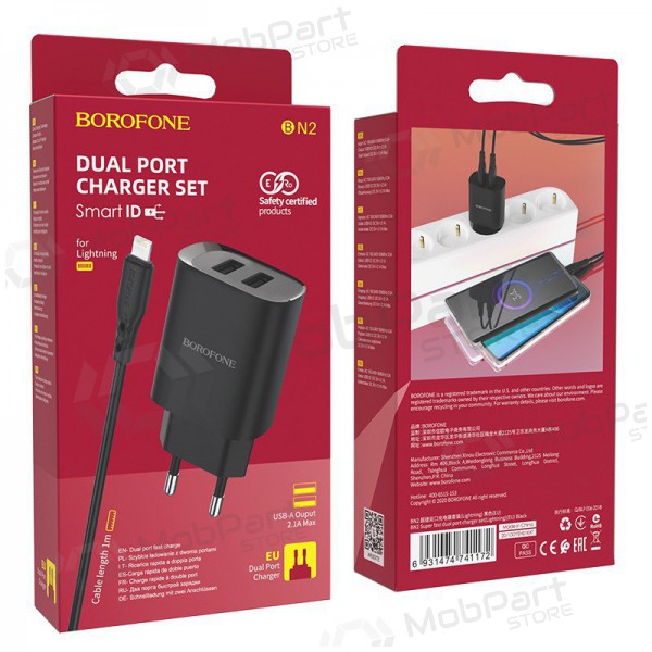 Lādētājs Borofone BN2 2xUSB 2.1A + Lightning (melns)