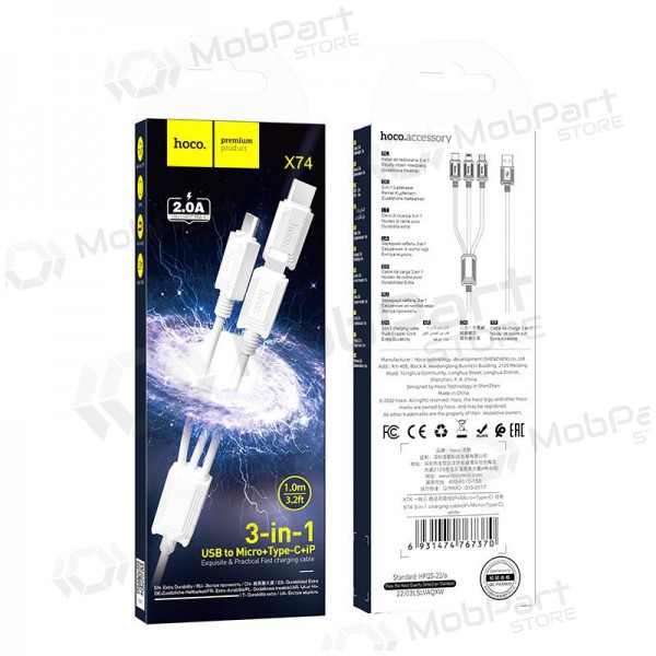 USB kabelis Hoco X74 3in1 microUSB-Lightning-Type-C 1.0m (balts)