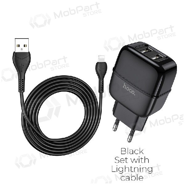 Lādētājs HOCO C77A Highway Dual USB + lightning kabelis (5V 2.4A) (melns)