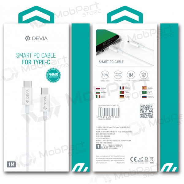 USB kabelis Devia Smart PD Type-C -Type-C 20V 3.0A 60W (balts)