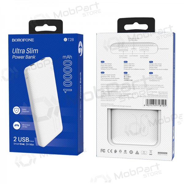 Ārējā baterija Power Bank Borofone BT28 Ultra Slim 10000mAh balta Ārējā baterija Power Bank Borofone BT28 Ultra Slim 10000mAh balta