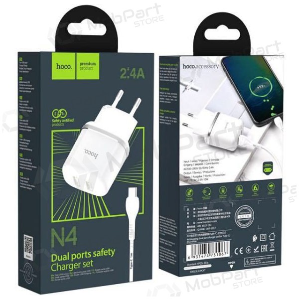 Lādētājs HOCO N4 Aspiring Dual USB + type-C kabelis (5V 2.4A) (balts) Lādētājs HOCO N4 Aspiring Dual USB + type-C kabelis (5V 2.4A) (balts)