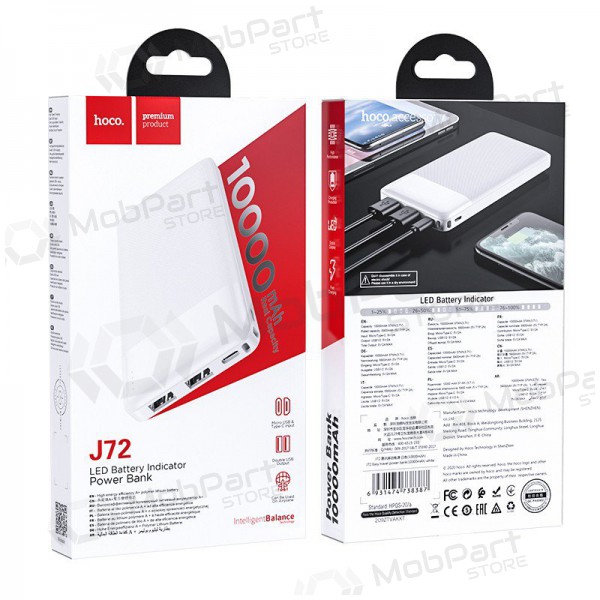 Ārējā baterija Power Bank Hoco J72 10000mAh balta Ārējā baterija Power Bank Hoco J72 10000mAh balta