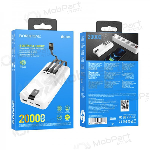 Ārējā baterija Power Bank Borofone BJ20A 5 Output 3 Input 20000mAh balta Ārējā baterija Power Bank Borofone BJ20A 5 Output 3 Input 20000mAh balta