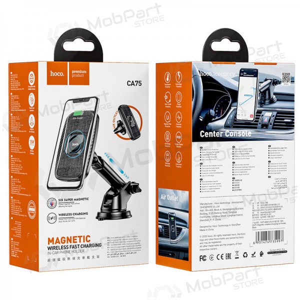 Tālruņa turētājs automobiļiem, Bezvadu lādētājs Hoco CA75 magnetis, melns Tālruņa turētājs automobiļiem, Bezvadu lādētājs Hoco CA75 magnetis, melns