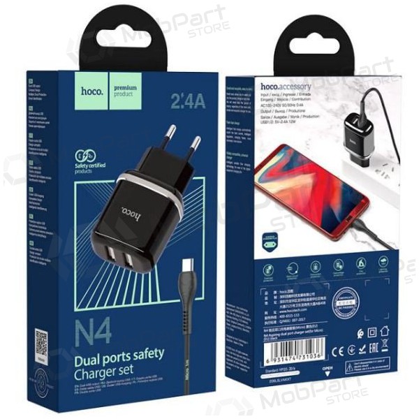 Lādētājs HOCO N4 Aspiring Dual USB + microUSB kabelis (5V 2.4A) (melns)