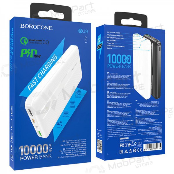 Ārējā baterija Power Bank Borofone BJ9 Type-C PD+Quick Charge 3.0 (3A) 10000mAh balta