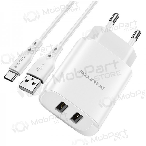 Lādētājs Borofone BN2 2xUSB 2.1A + USB Type-C (balts)