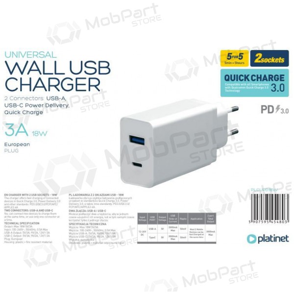 Platinet QuickCharge Type-C+USB 3.0A (18W) lādētājs