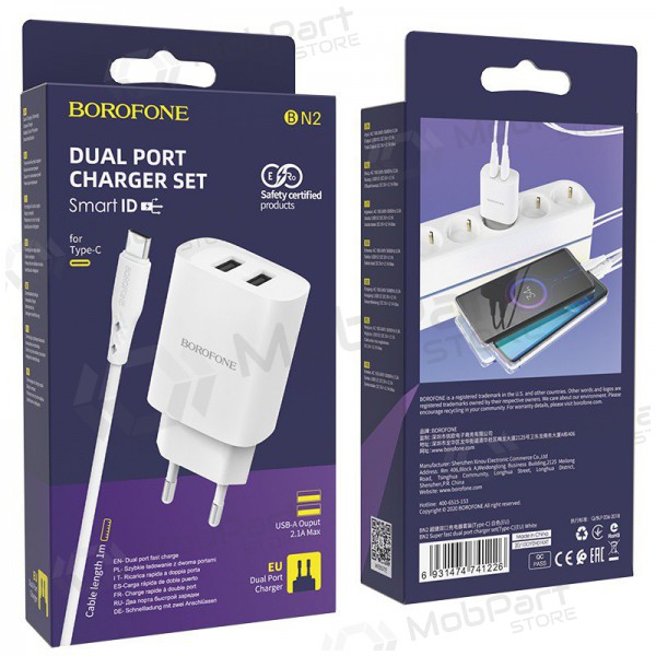 Lādētājs Borofone BN2 2xUSB 2.1A + USB Type-C (balts)