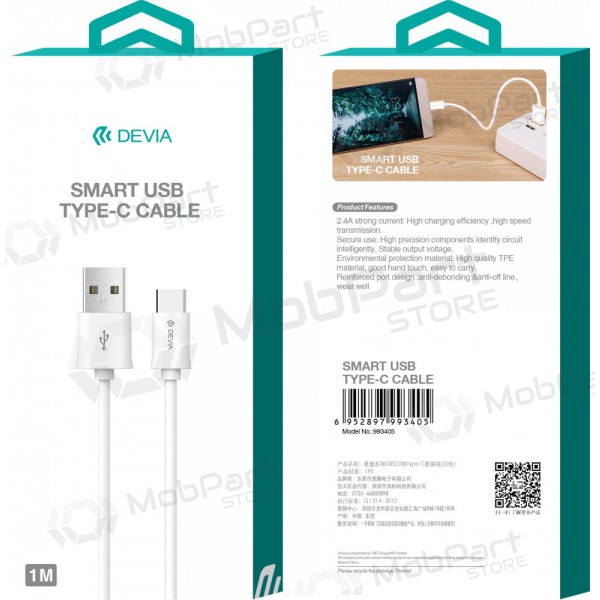 USB kabelis Devia Smart Type-C 1.0m (balts)