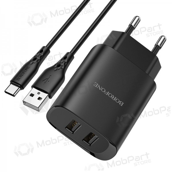 Lādētājs Borofone BN2 2xUSB 2.1A + USB Type-C (melns)