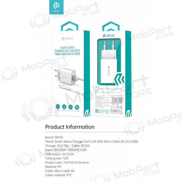 Lādētājs Devia Smart x 2 USB (2.4A) + MicroUSB, (balts)