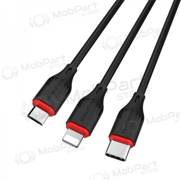 USB kabelis Borofone BX17 3in1 microUSB-Lightning-Type-C 1.0m (melns)