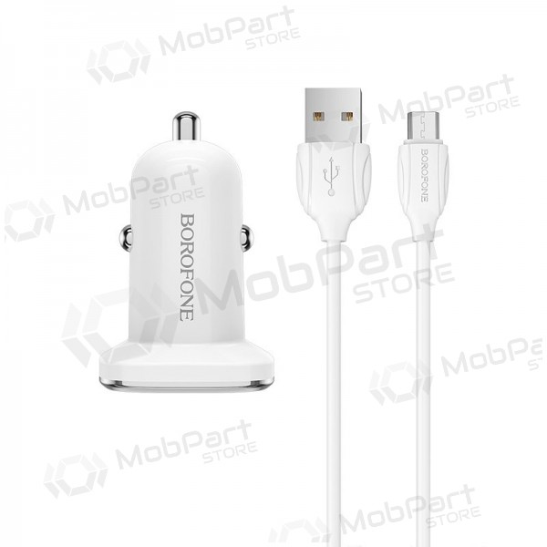 Lādētājs automobilinis Borofone BZ12 USB + microUSB (2.4A) (balts)