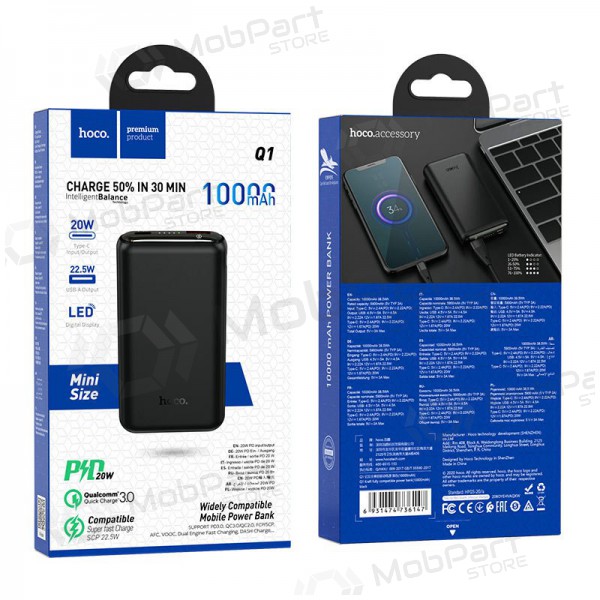 Ārējā baterija Power Bank Hoco Q1 Type-C PD 20W+Quick Charge 3.0 (3A) 10000mAh melns Ārējā baterija Power Bank Hoco Q1 Type-C PD 20W+Quick Charge 3.0 (3A) 10000mAh melns