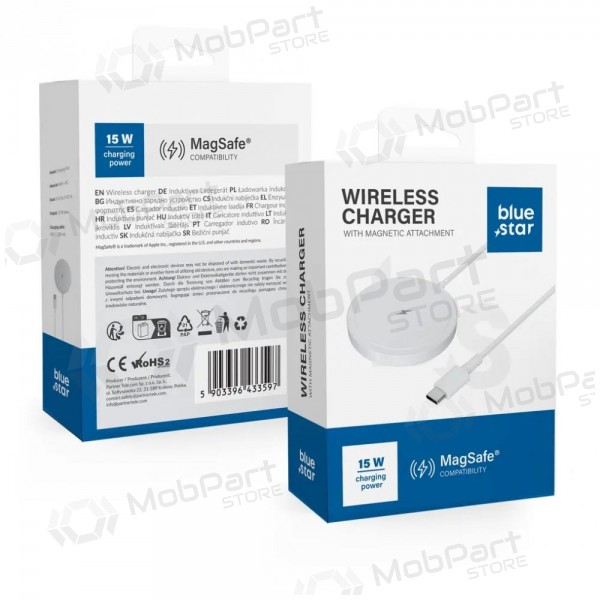 MagSafe bezvadu lādētājs Blue Star Charing Pad 15 W ar USB-C kabeli balts