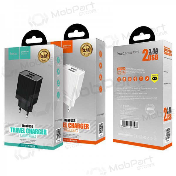Lādētājs HOCO C51A Prestige power Dual USB (5V 3.4A) (balts)