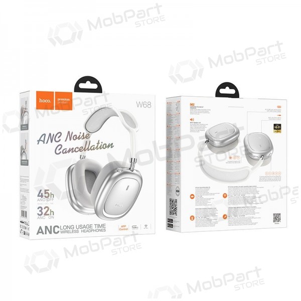 Bezvadu austiņas ar mikrofonu Hoco W68 ANC Bluetooth sudraba