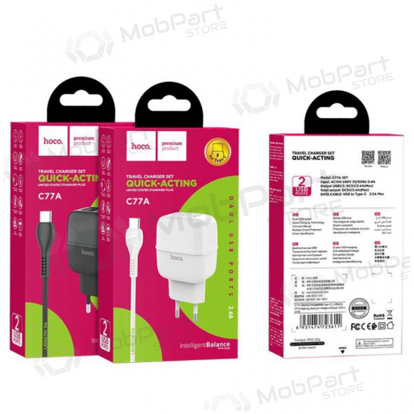 Lādētājs HOCO C77A Highway Dual USB + lightning kabelis (5V 2.4A) (melns)