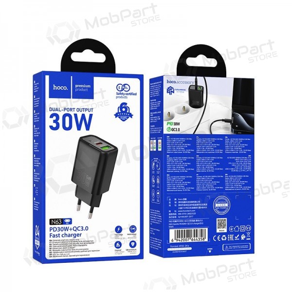 Tālruņa lādētājs Hoco N63 30 W GaN USB-C + USB-A melns