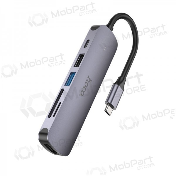 USB-C adapteris Hoco HB28 USB-C uz HDMI + USB 3.0 + USB 2.0 + SD + TF + PD pelēks
