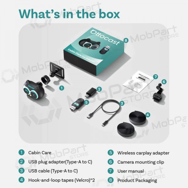 Bezvadu CarPlay adapteris Ottocast Cabin Care CA520-T ar mobilās aukles funkciju melns
