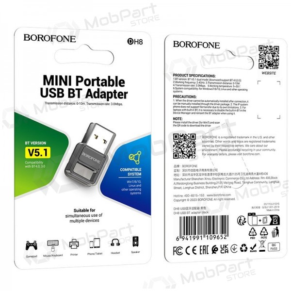 Bluetooth adapteris Borofone DH8 Bluetooth 5.1 melns
