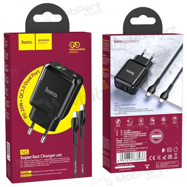 Lādētājs Hoco N5 USB Quick Charge 3.0 + PD 20W (3.1A) + Type-C-Type-C (melns)
