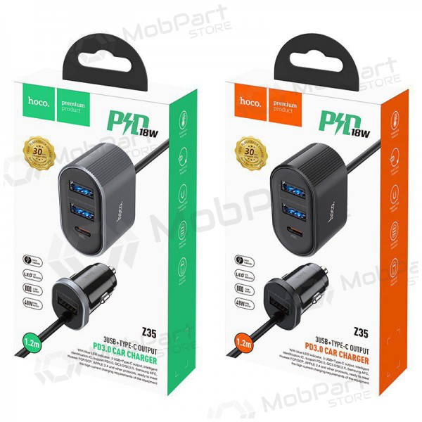 Auto lādētājs HOCO Z35 Quick Charge 18W (2xUSB 1xType-C 3A) (melns)