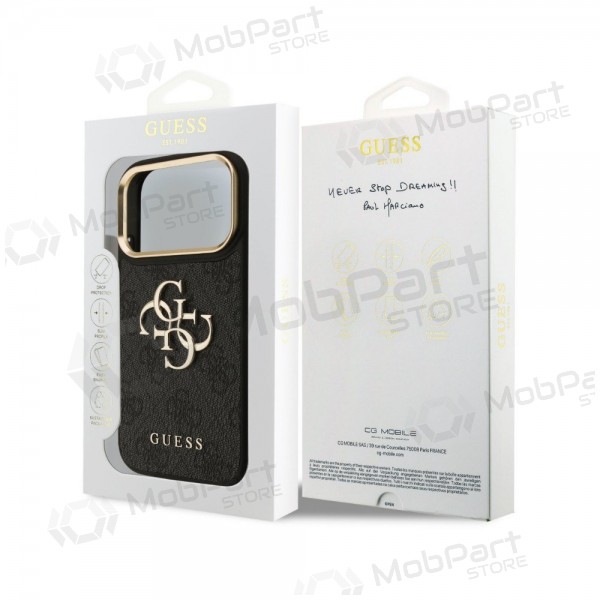 Apple iPhone 18 Pro maciņš - Guess PU Leather 4G Metal Logo Gold Frame (melns)