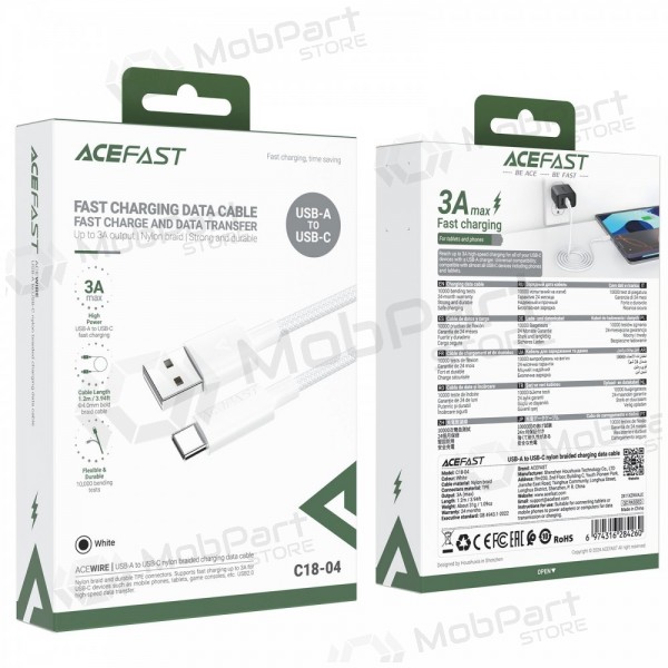 USB kabelis Acefast C18-04 USB-A to USB-C 1.2m balts