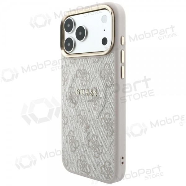 Apple iPhone 18 Pro maciņš - Guess PU Leather 4G Gold Frame Embossed MagSafe (rozā)