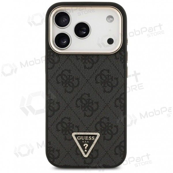 Apple iPhone 17 Pro Max maciņš - Guess PU Leather 4G Strass Triangle Logo Gold Frame MagSafe (melns)