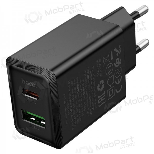 Tālruņa lādētājs Hoco N71 30 W GaN USB-C + USB-A melns