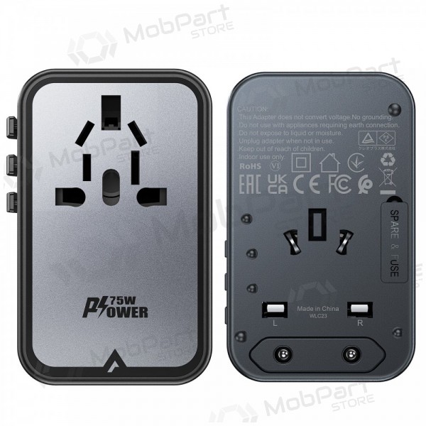 Universāls kelioninis lādētājs Acefast Z1 75W GaN 2xUSB-A/3xUSB-C melns