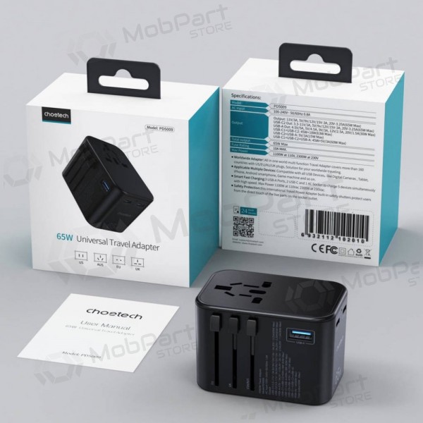 Universāls kelioninis lādētājs Choetech PD5009 65W 2xUSB-C/USB-A melns