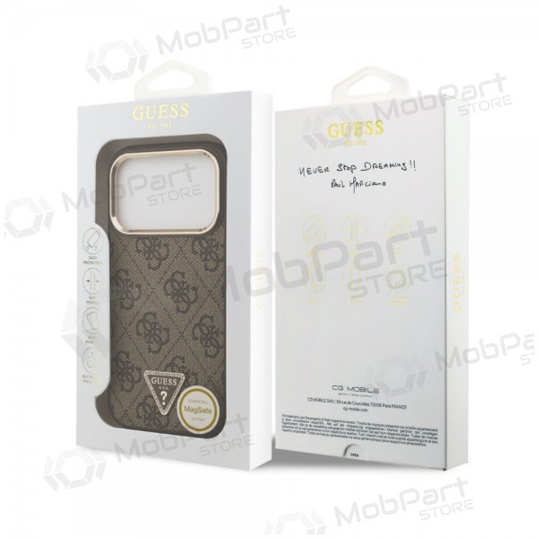 Apple iPhone 18 Pro Max maciņš - Guess PU Leather 4G Strass Triangle Logo Gold Frame MagSafe (brūns)