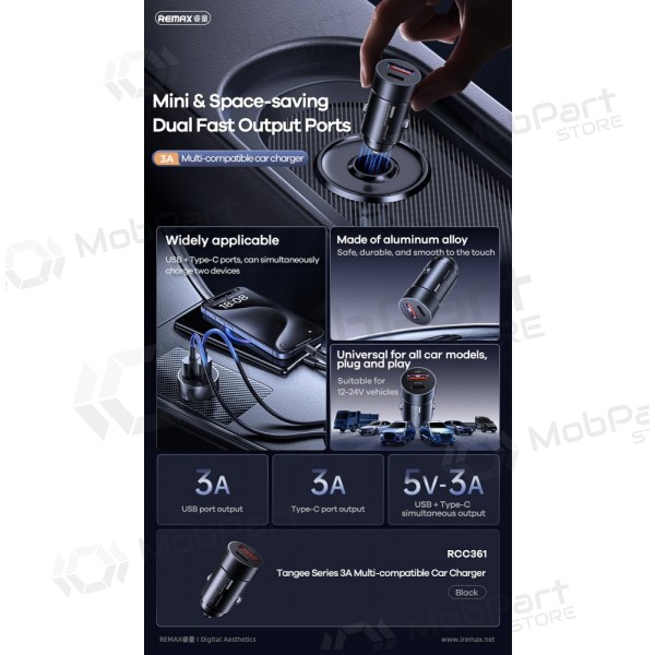 Auto lādētājs Remax RCC361 15W USB-C/USB-A melns