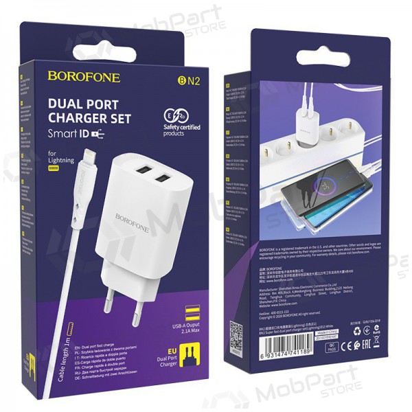 Lādētājs Borofone BN2 2xUSB 2.1A + Lightning (balts)