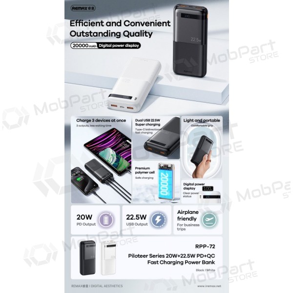 Ārējā baterija Power Bank Remax RPP-72 22.5W 20000mAh melna