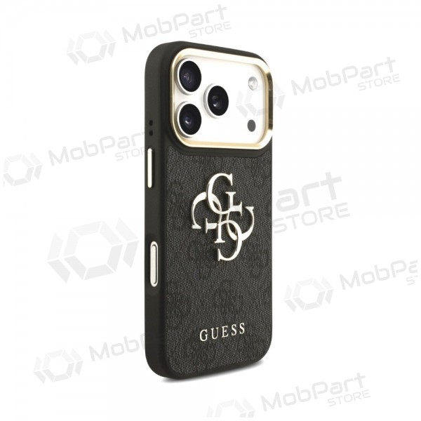 Apple iPhone 18 Pro maciņš - Guess PU Leather 4G Metal Logo Gold Frame (melns)