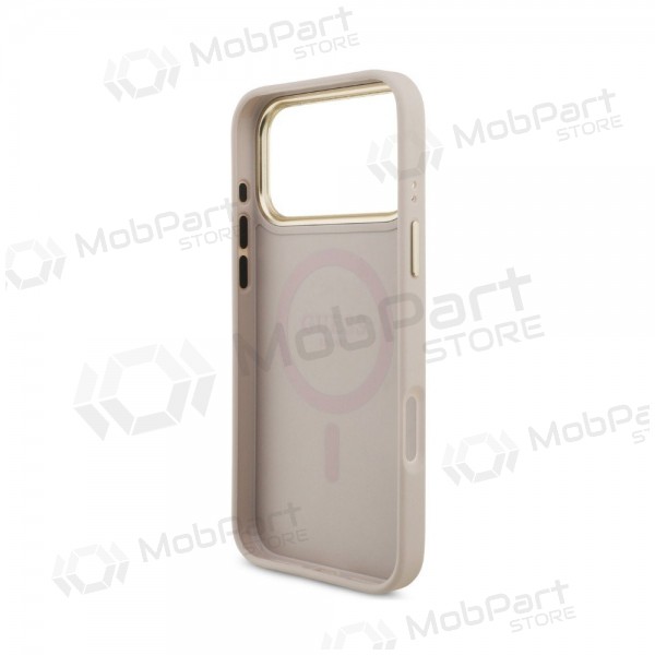 Apple iPhone 18 Pro maciņš - Guess PU Leather 4G Strass Triangle Logo Gold Frame MagSafe (rozā)